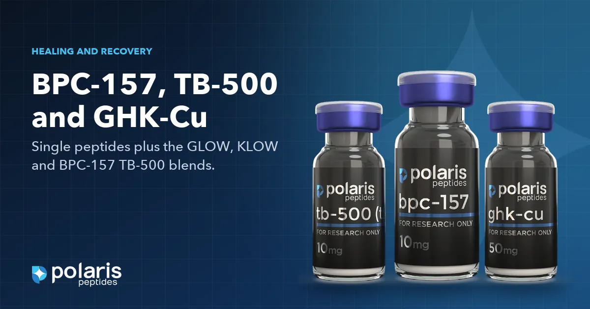 Recovery peptides for sale at Polaris Peptides: TB-500, BPC-157 and GHK-Cu vials